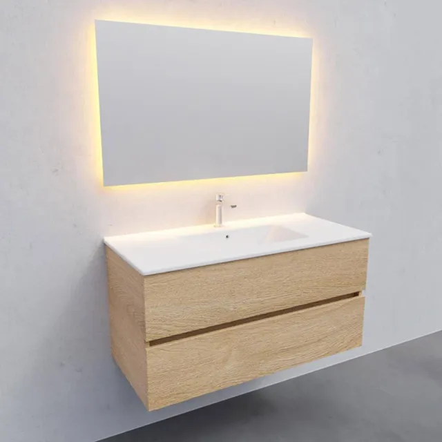 Boss & Wessing Badkamermeubel AQS Helsinki 100x46 cm Keramiek Midden Wood Washed Oak 2 Laden Boss & Wessing Houtlook