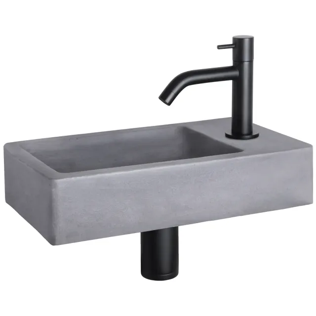 Fonteinset Differnz Force Beton 40x22x8 cm Donker Grijs Met Gebogen Kraan Mat Zwart