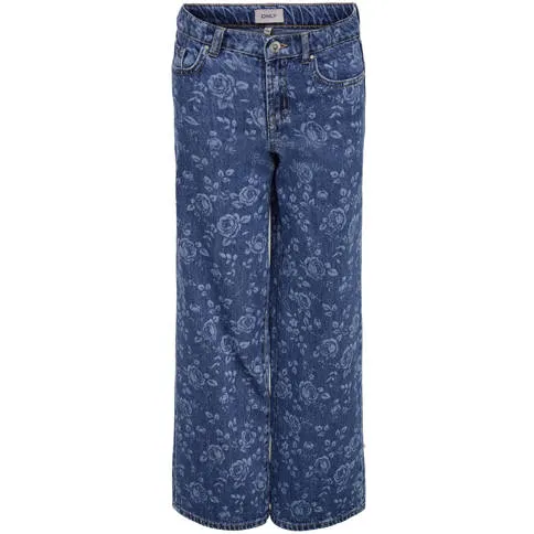 Only KIDS ONLY GIRL high waist wide leg jeans medium blue denim Blauw Bloemen