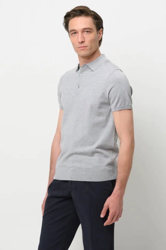 Profuomo zijden regular polo grijs fijn gebreid Light grey