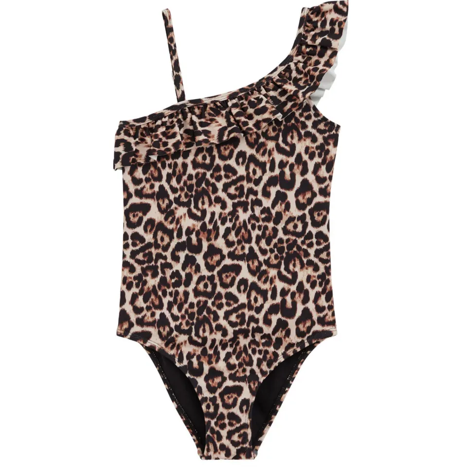 WE Fashion one shoulder badpak met ruches en panterprint beige/bruin, foto 2