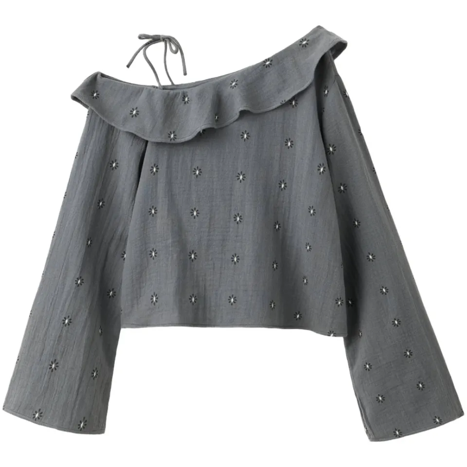 Mango one shoulder gebloemde top met ruches grijs, foto 2