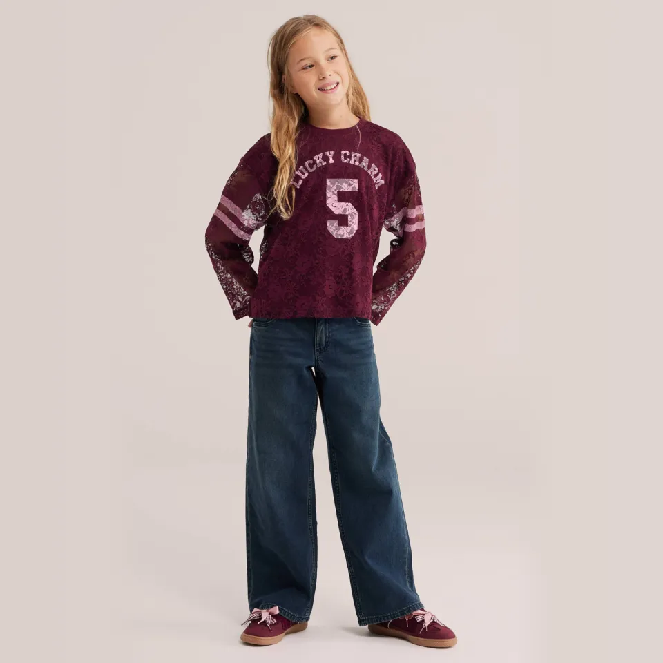 WE Fashion kanten longsleeve met tekst donkerrood donkerrood/roze