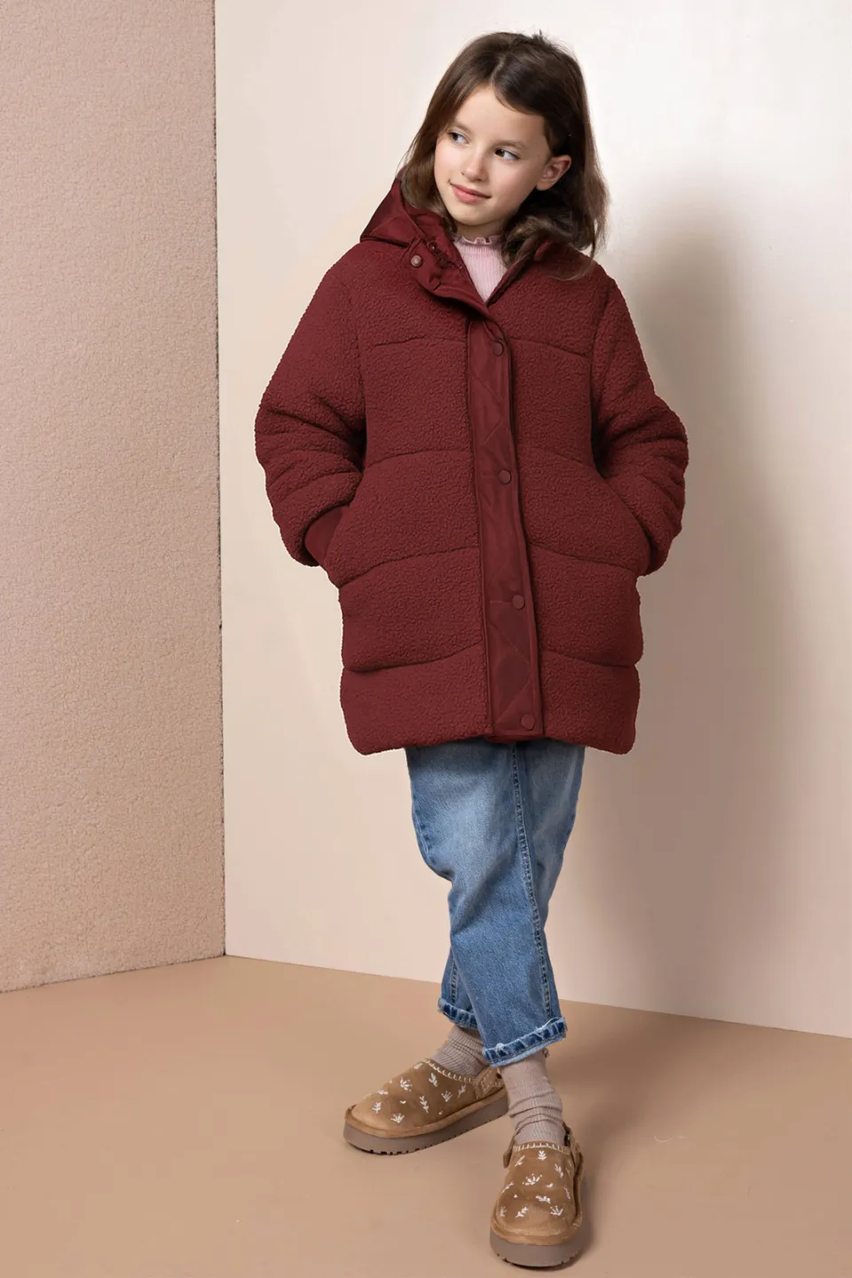 Nono reversible teddy winterjas donkerrood, foto 5