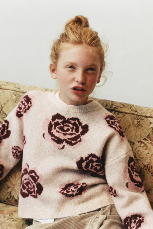 Mango Kids gebreide gebloemde trui met wol - beige/rood