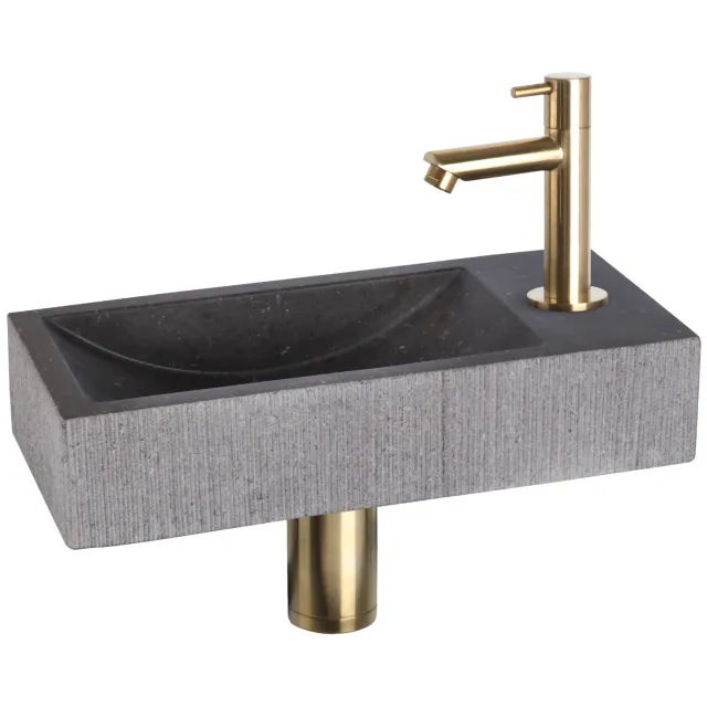 Fonteinset Differnz Ribble Natuursteen 38x18x8 cm Zwart Met Rechte Kraan Mat Goud