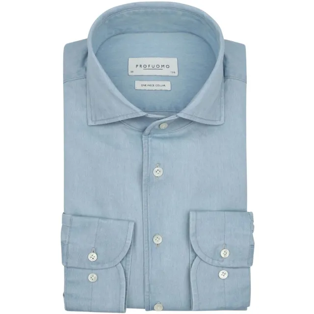 Overhemd Lange Mouw Profuomo Twill Overhemd Denim Lichtblauw