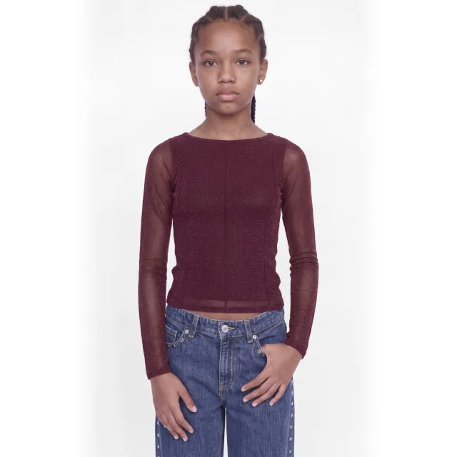 JJXX GIRL semi-transparante top met glitters - donkerrood