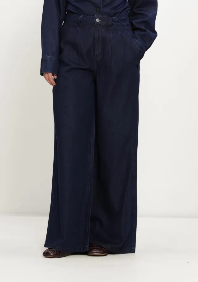 Alix The Label Dames Broeken Ladies Woven Wide Leg Denim Pants - Donkerblauw