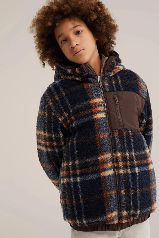 WE Fashion geruite teddy winterjas bruin Bruin/donkerblauw