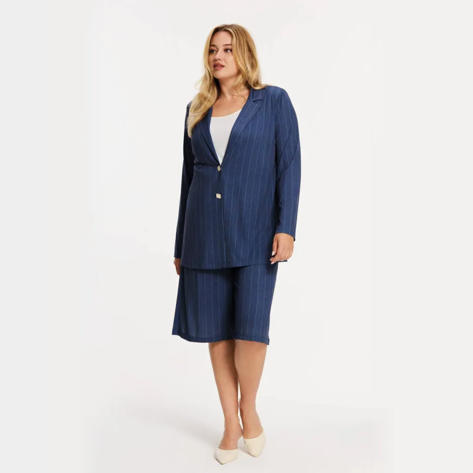 Yoek wide leg bermuda met krijtstreep blauw