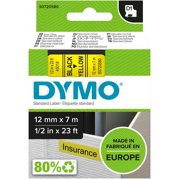 Dymo 45018 (S0720580) Tape Zwart op geel (12 mm), foto 3