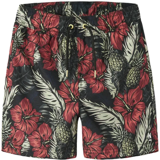NAME IT KIDS gebloemde zwemshort zwart/rood