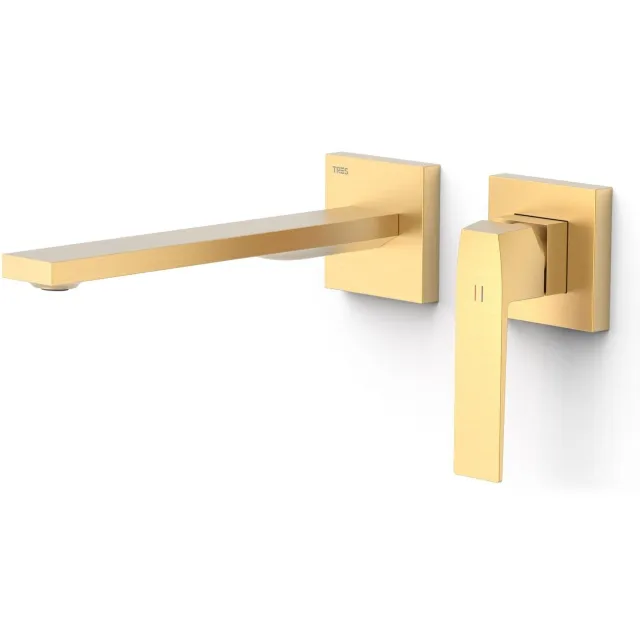 Tres Slim Exclusive inbouw wastafelmengkraan lange rechte uitloop RVS look Mat Goud