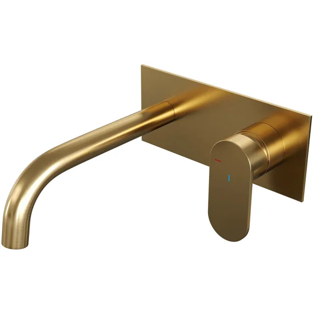 Brauer Inbouw Wastafelmengkraan Brauer Gold Edition Coldstart Gebogen Uitloop Platte Hendel Rechts Geborsteld Goud PVD Met Afdekplaat