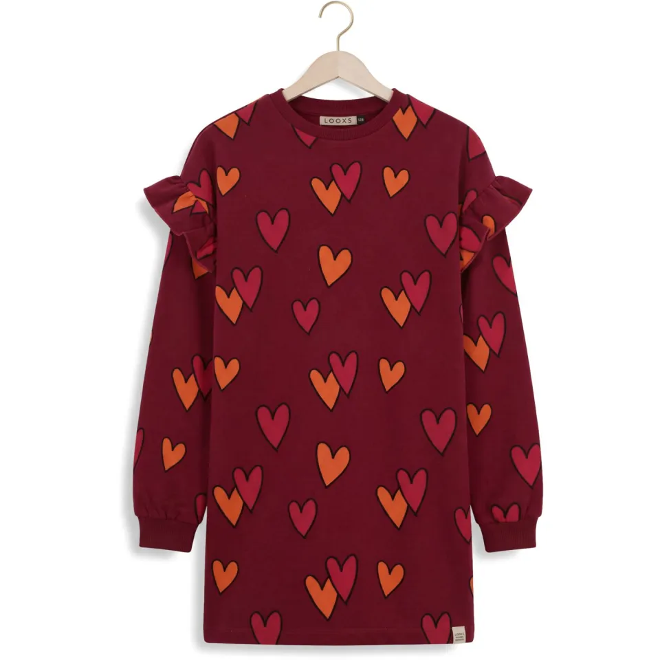 LOOXS little sweatjurk met ruches en hartjes donkerrood, foto 2
