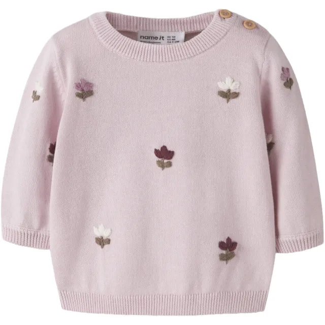 NAME IT BABY katoenen gebreide gebloemde trui met borduursels - roze