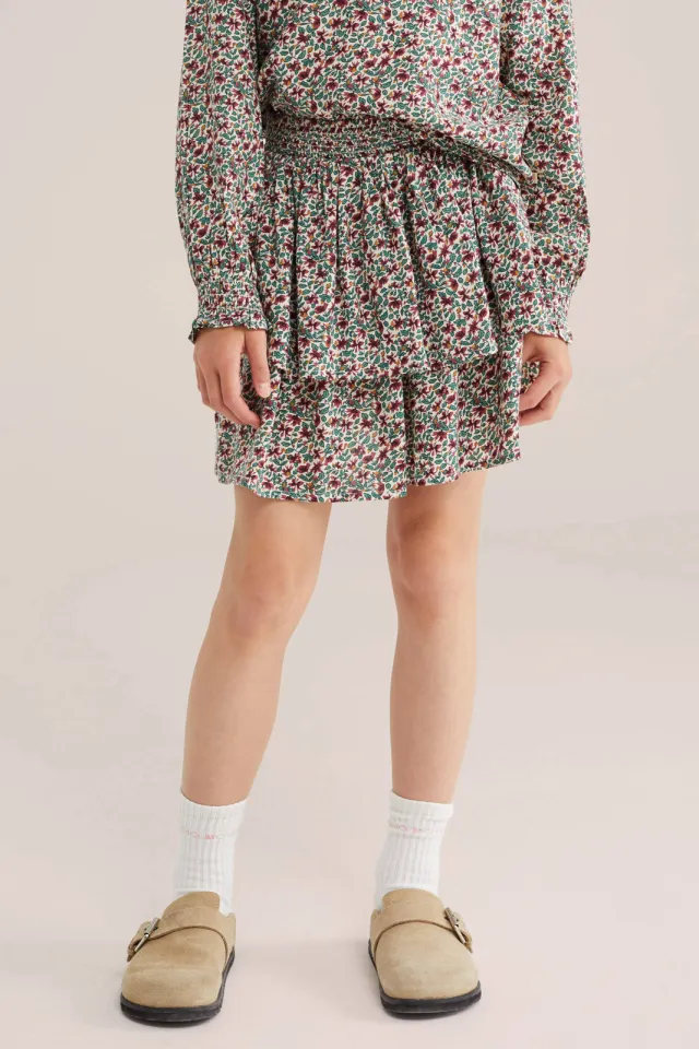WE Fashion gebloemde korte rok met ruches ecru/groen/donkerrood, foto 5