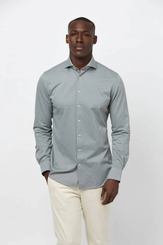 Profuomo gebreid slim fit strijkvrij overhemd groen