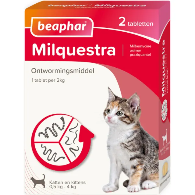 Beaphar Milquestra Ontworming Tabletten Kat 0,5 - 4 kg (ook kitten) 2 tabletten