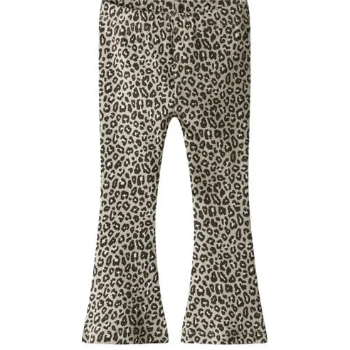 NAME IT MINI flared broek met panterprint beige lichtgroen/zwart