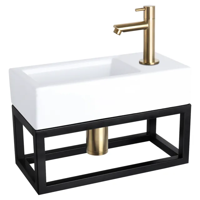 Differnz Fonteinset Differnz Ravo Keramiek Met Handoekrek 38.5x18.5x9 cm Wit Met Rechte Kraan Mat Goud