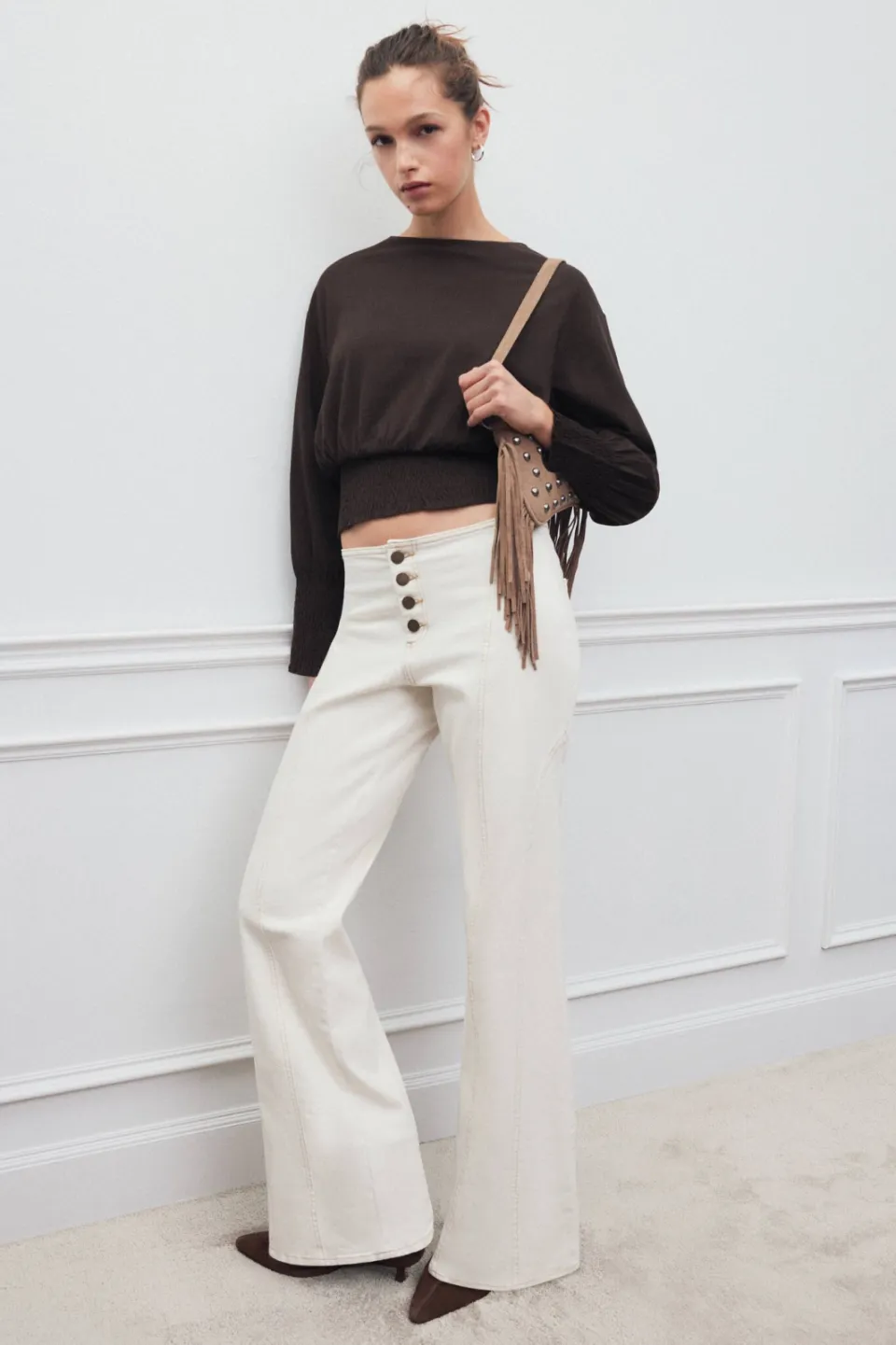Mango TEEN longsleeve met smockwerk - bruin, foto 3