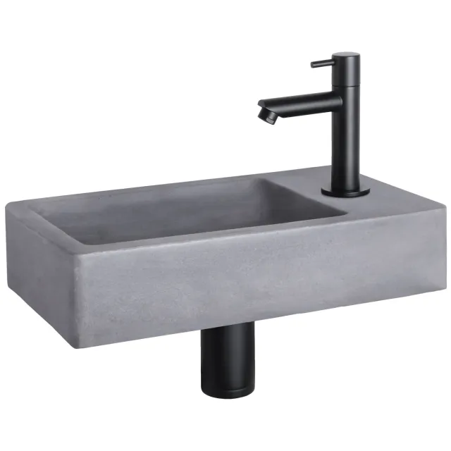 Fonteinset Differnz Force Beton 40x22x8 cm Donker Grijs Met Rechte Kraan Mat Zwart