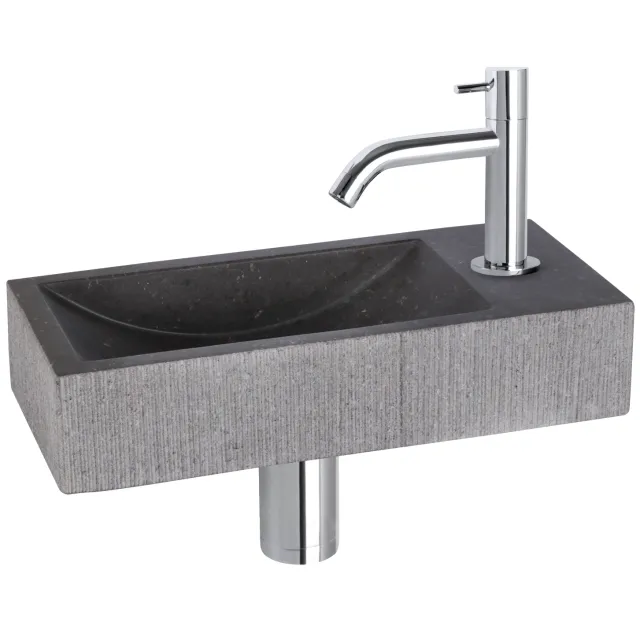 Differnz Fonteinset Differnz Ribble Natuursteen 38x18x8 cm Zwart Met Gebogen Kraan Chroom