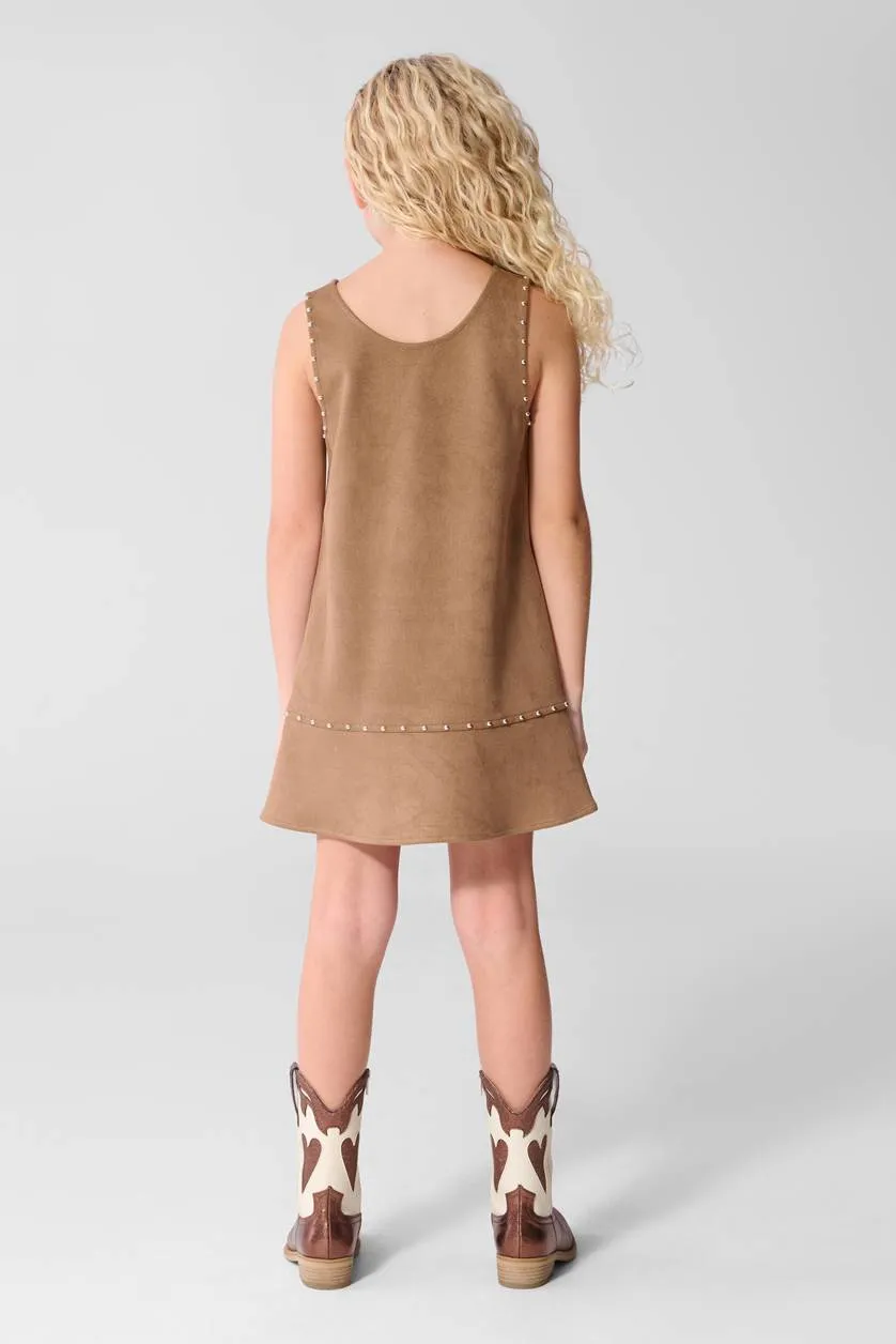 Shoeby suède midi jurk met studs lichtbruin, foto 4