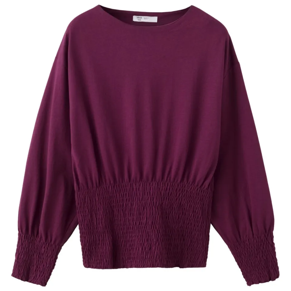 Mango TEEN longsleeve met smockwerk - bordeauxrood, foto 2