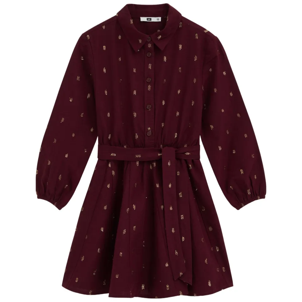 WE Fashion korte jurk met glitterprint donkerrood donkerrood/goud, foto 2