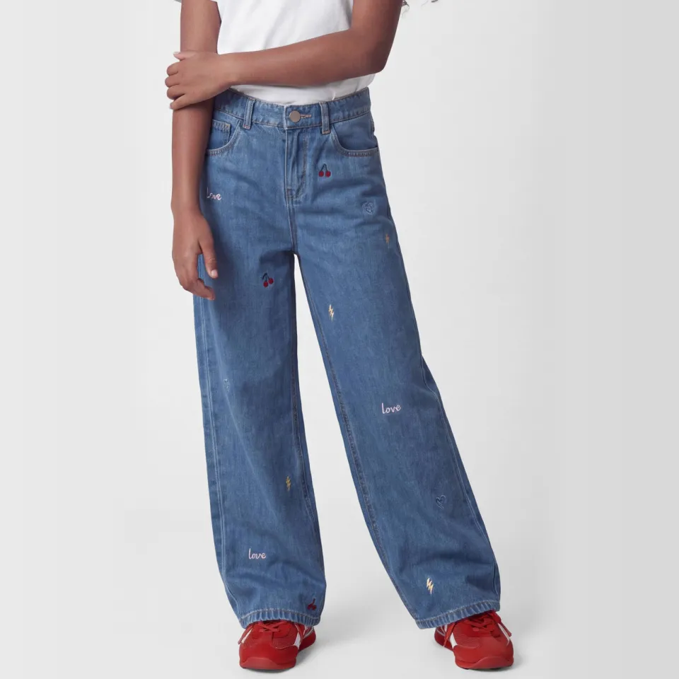 NAME IT KIDS NKFROSE wide leg jeans met borduursels en print - mediumblauw, foto 3