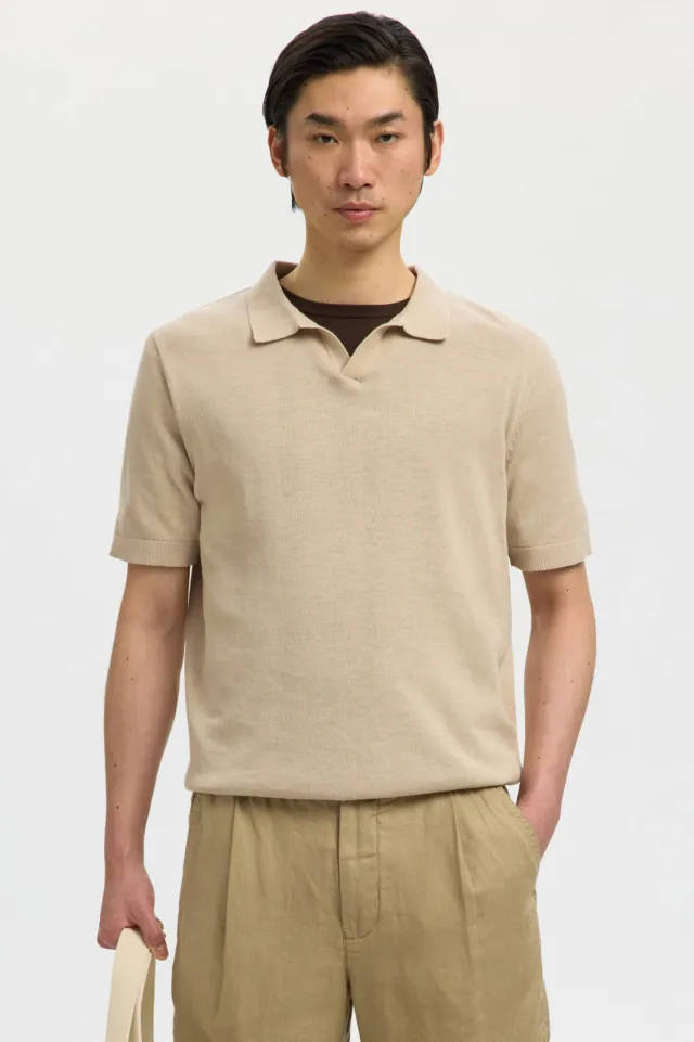 SELECTED MEN Selected regular polo met linnen fijn gebreid beige Creme