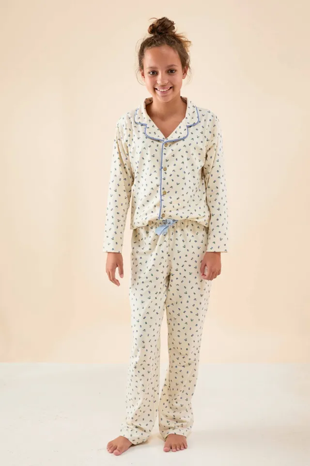 Little Label pyjama met paarse bloemen print ecru klassieke kraag Ecru/lila