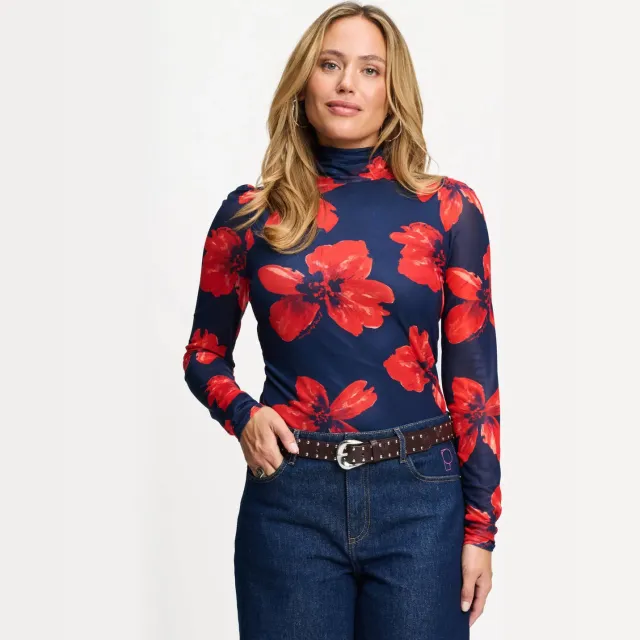 POM Amsterdam Romi Mesh Bloom top donkerblauw Donkerblauw/Rood