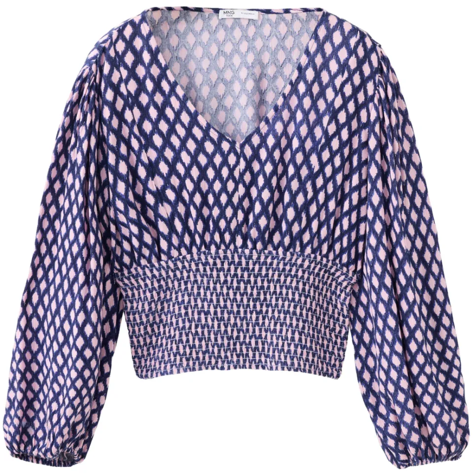 Mango TEEN cropped blousetop met smockwerk roze/blauw, foto 2