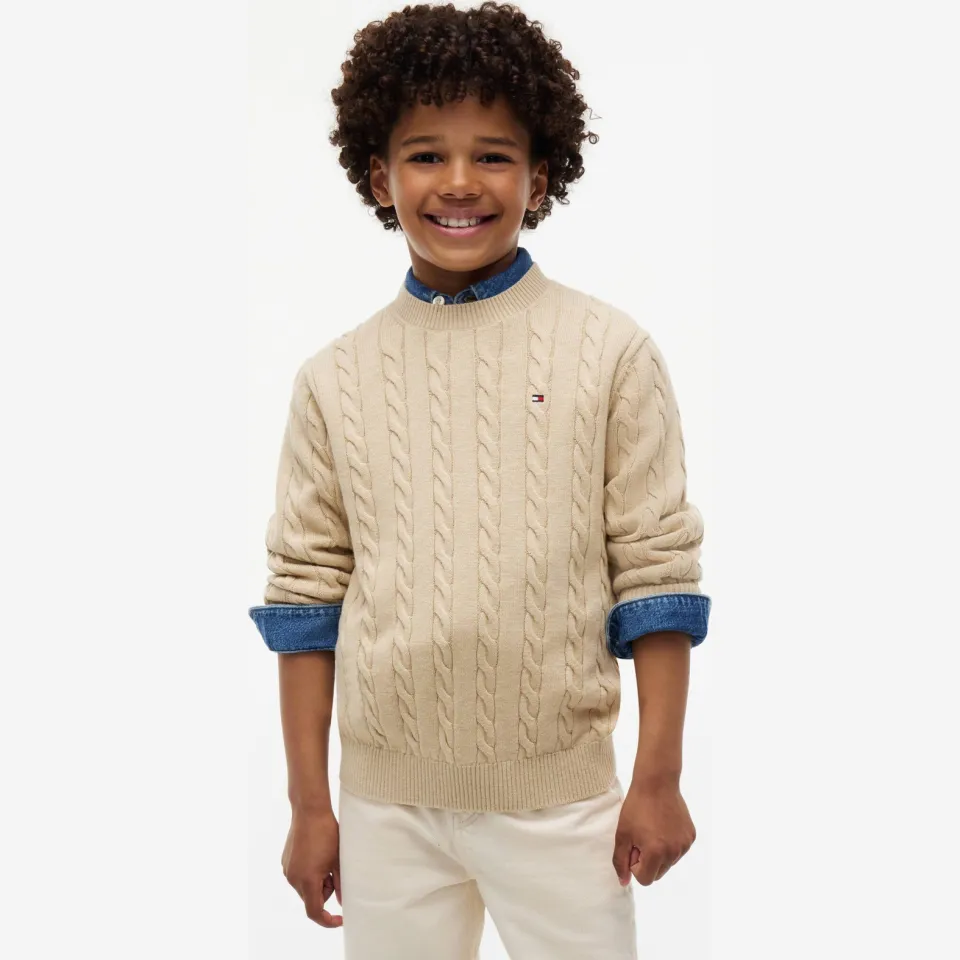 Tommy Hilfiger kabeltrui met logo - beige, foto 3