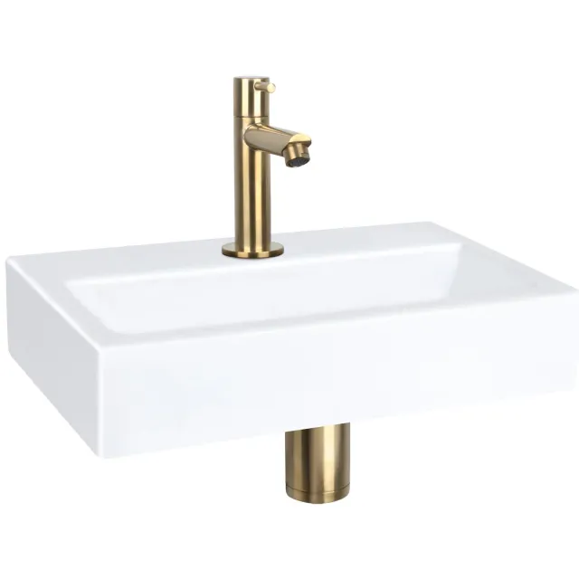 Fonteinset Differnz Flat Keramiek 38x24x7 cm Wit Met Rechte Kraan Mat Goud