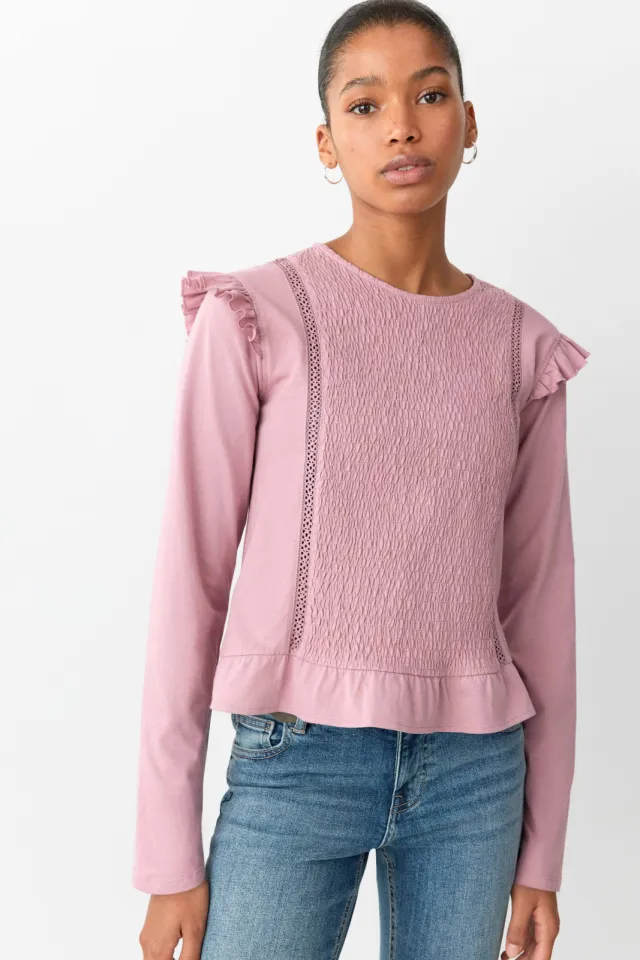 Mango longsleeve met ruches en smockwerk roze, foto 4