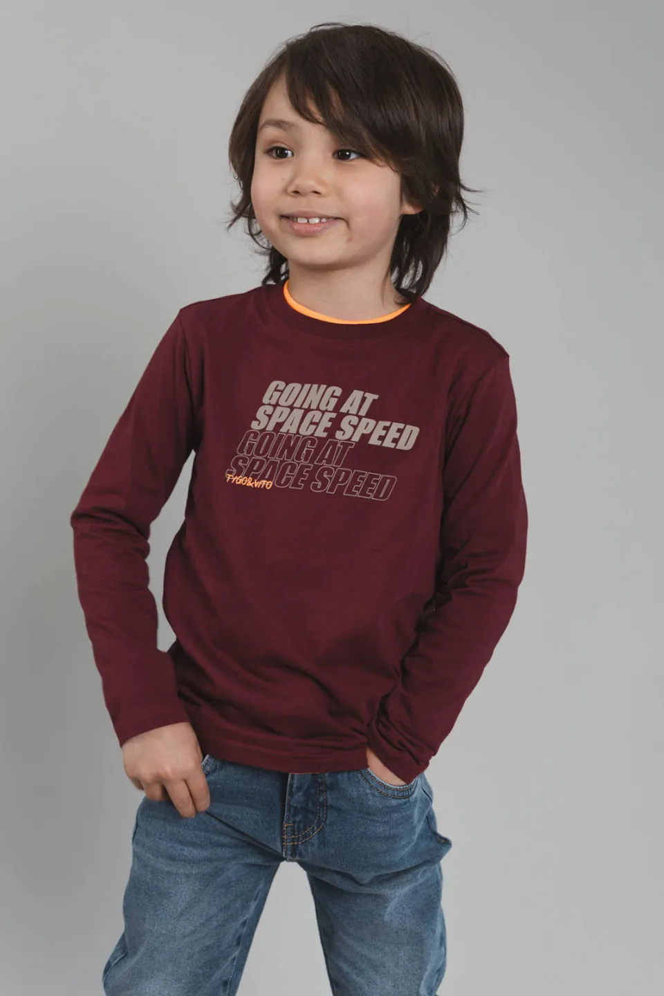 TYGO & vito jersey rechtvallende longsleeve met print donkerrood, foto 3