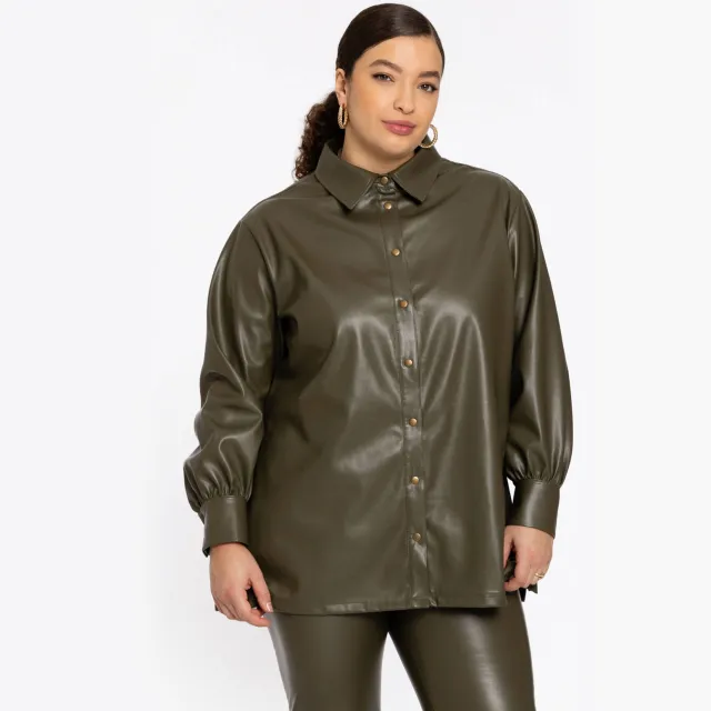 Yoek imitatieleren blouse kaki