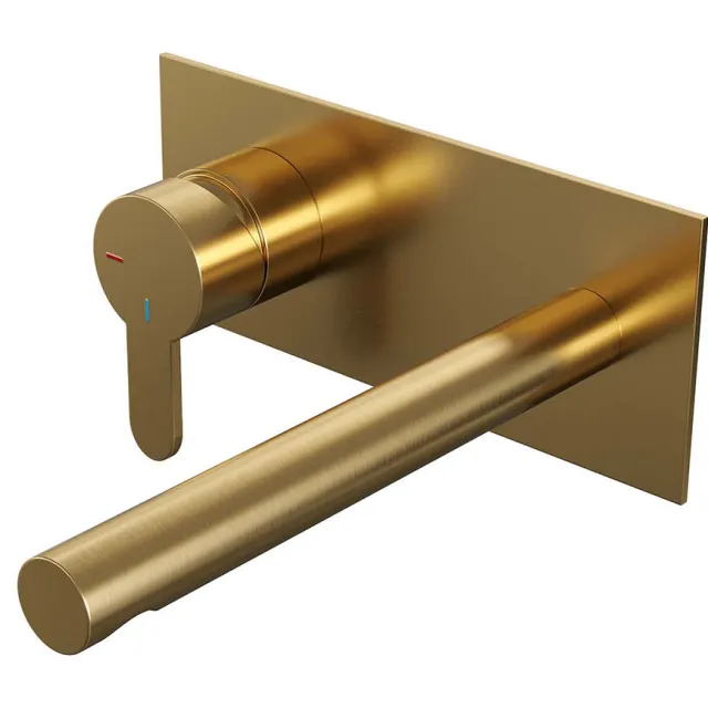 Inbouw Wastafelmengkraan Brauer Gold Edition Coldstart Rechte Uitloop Korte Platte Hendel Links Geborsteld Goud PVD Met Afdekplaat