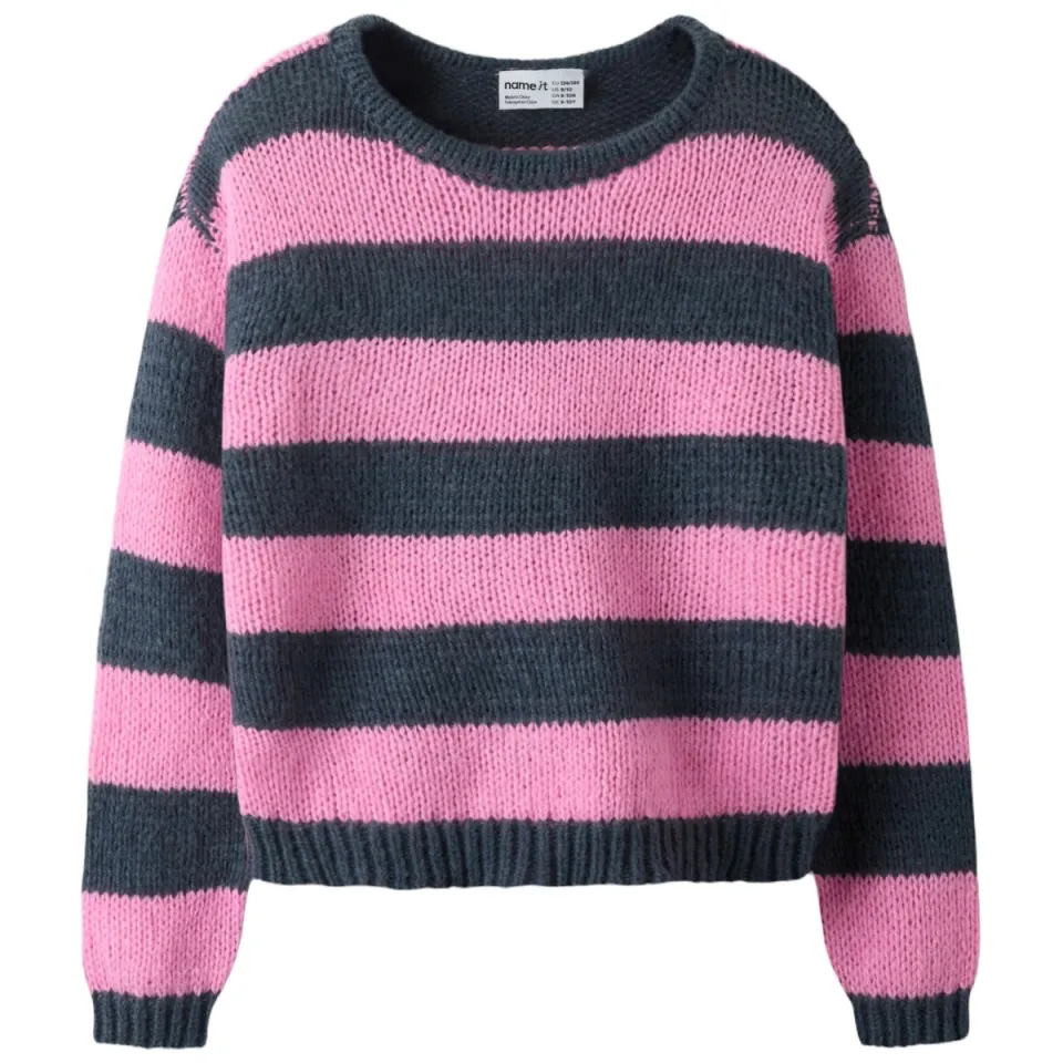 NAME IT KIDS rechtvallende gestreepte gebreide trui - roze Meisjes Polyester Ronde hals Roze/antraciet
