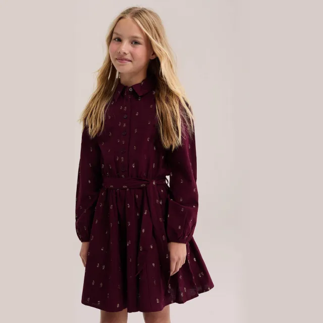 WE Fashion korte jurk met glitterprint donkerrood Donkerrood/goud