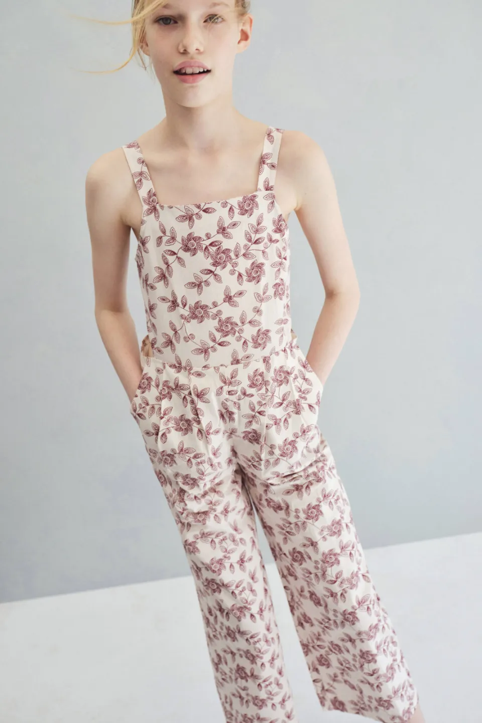 Mango Kids gebloemde jumpsuit lichtbeige Donkerrood/lichtbeige