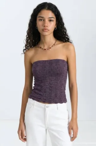 Mango strapless top met glitters aubergine, foto 5