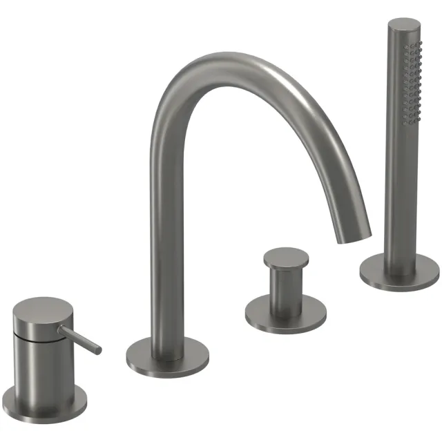 Badrandcombinatie IVY Bond 4-gats Mengkraan Met Uittrekbare Handdouche Draaibare Uitloop Geborsteld Metal Black PVD