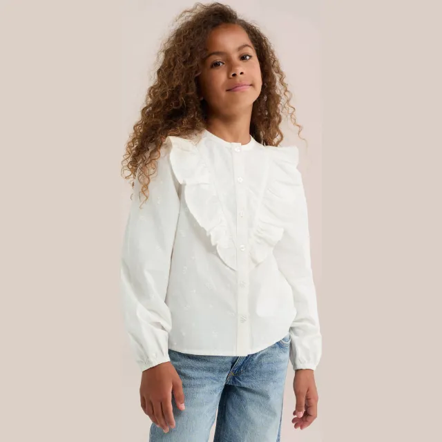 WE Fashion blouse met ruches ecru ronde hals