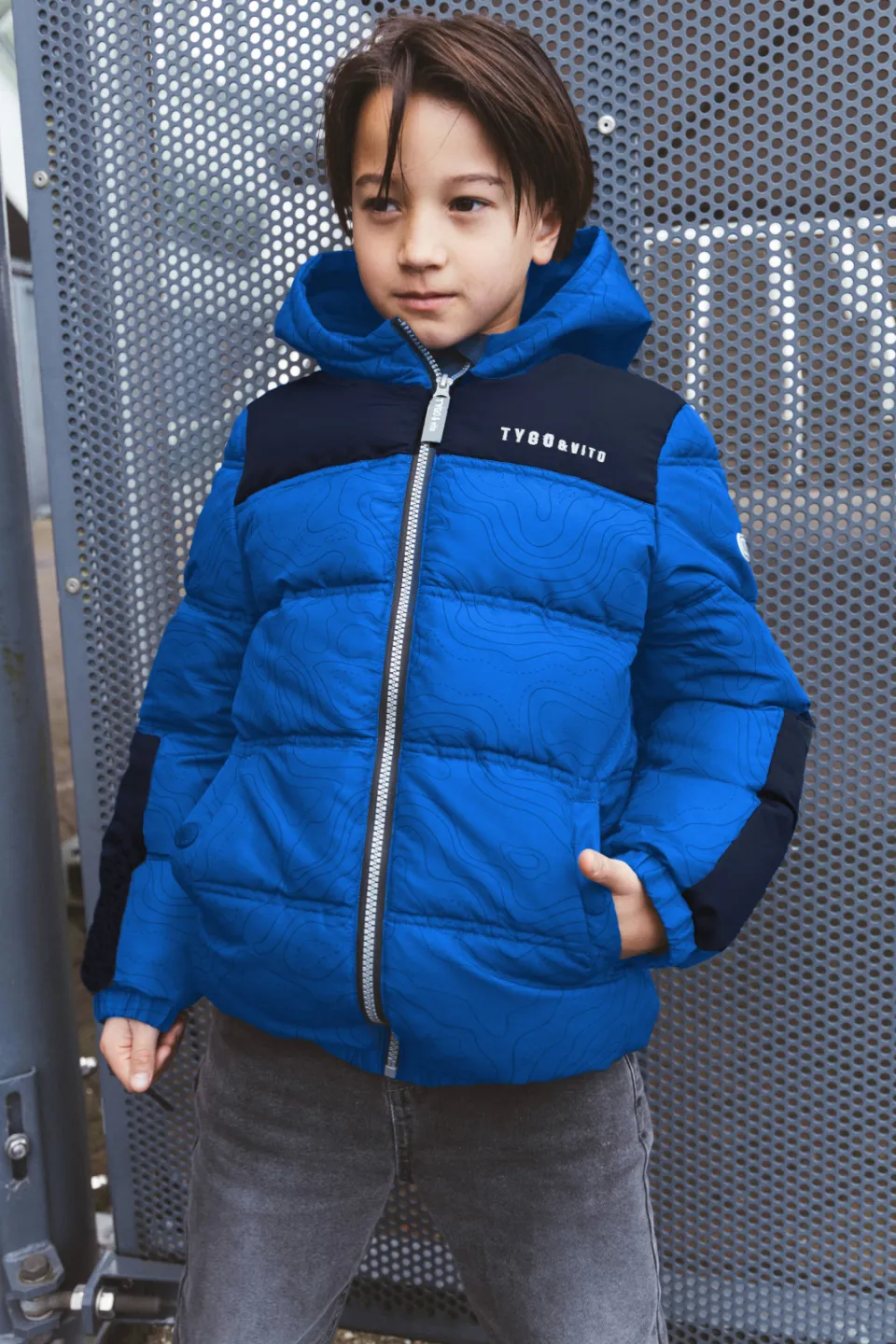 TYGO & vito gewatteerde winterjas met print blauw Hardblauw/donkerblauw